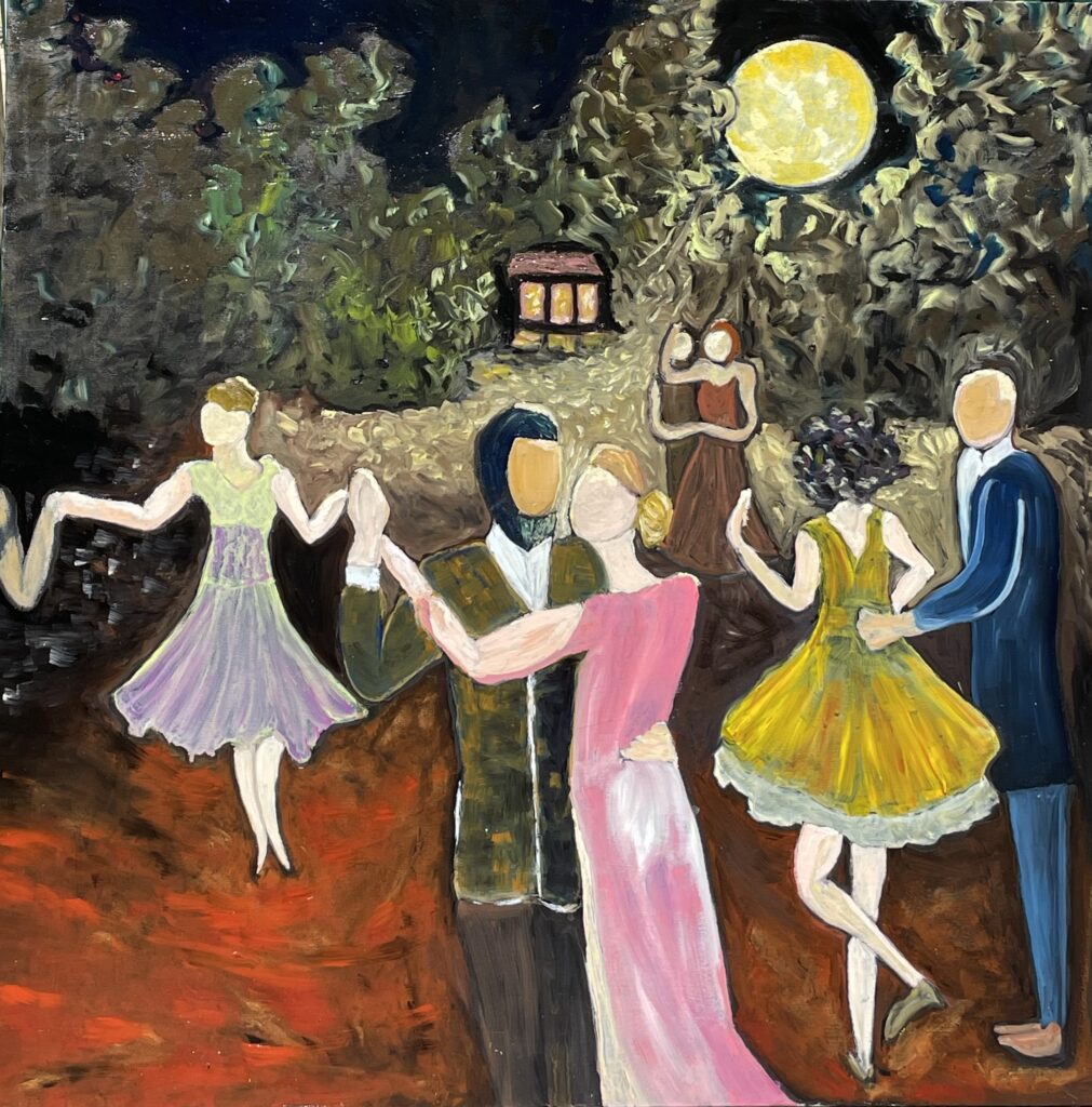 « Danse dans la nuit » (mai 2023)
Gesso, chalky & huile sur toile (90x90x3,5)
